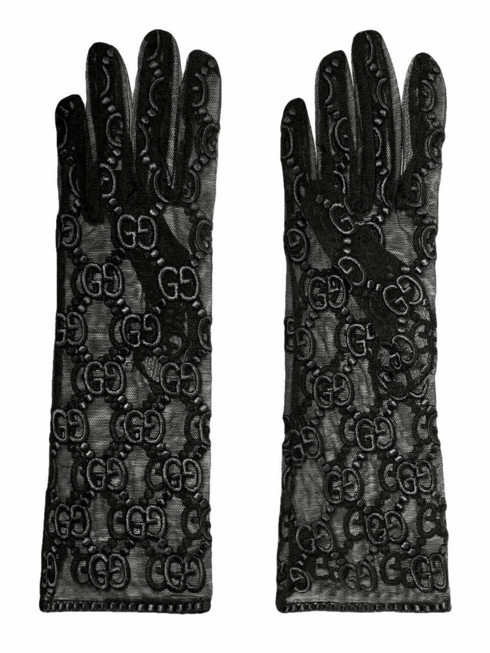 Gucci Black Tulle Gloves with GG Motif (Large) New with Tags, Papers, and Box
